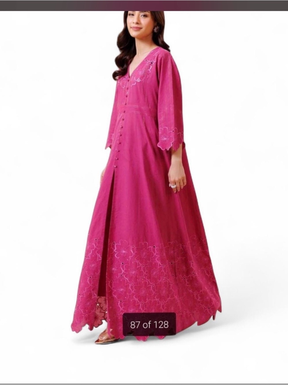 Women's Fuchsia Embroidered V-Neck Maxi Dress Nishat linen with pants